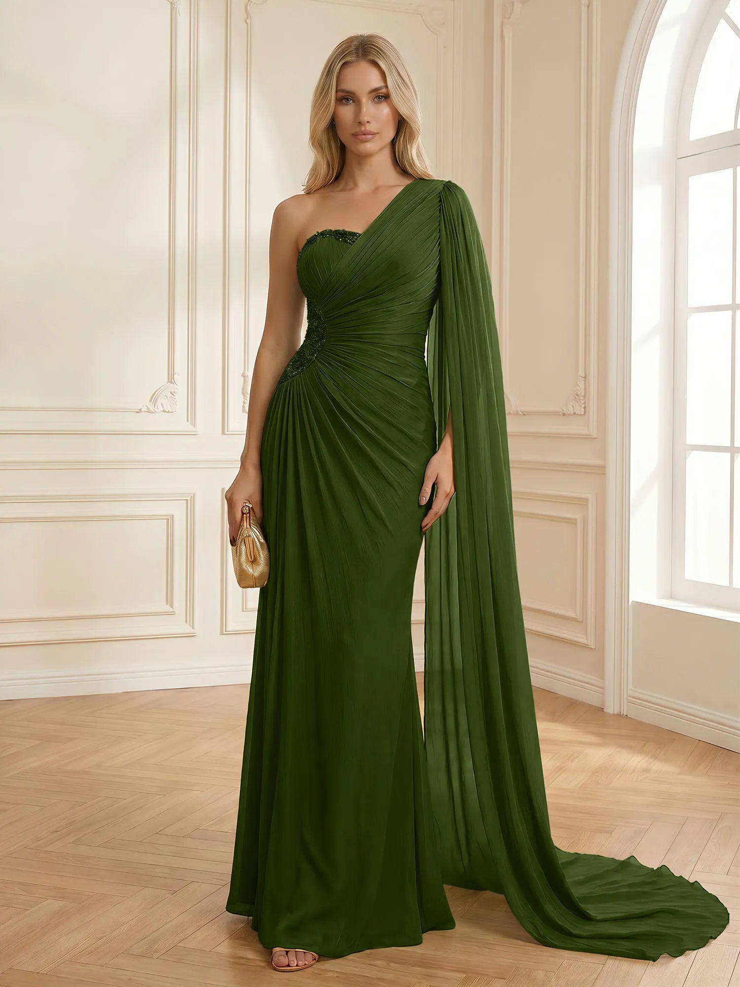 Sage Green One Shoulder Beaded Evening Gown with Cape Sleeve
