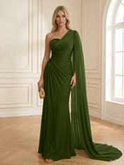 Sage Green One Shoulder Beaded Evening Gown with Cape Sleeve
