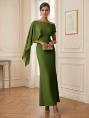 Elegant Mint Green One-Shoulder Chiffon Mermaid Formal Evening Dress with Cape and Ruffles
