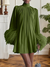 Blue Feather Ruched Chiffon Mock Neck Long Sleeve A-Line Mini Dress