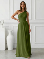 Timeless Light Blue One-Shoulder Maxi Dress Ruched Chiffon Gown