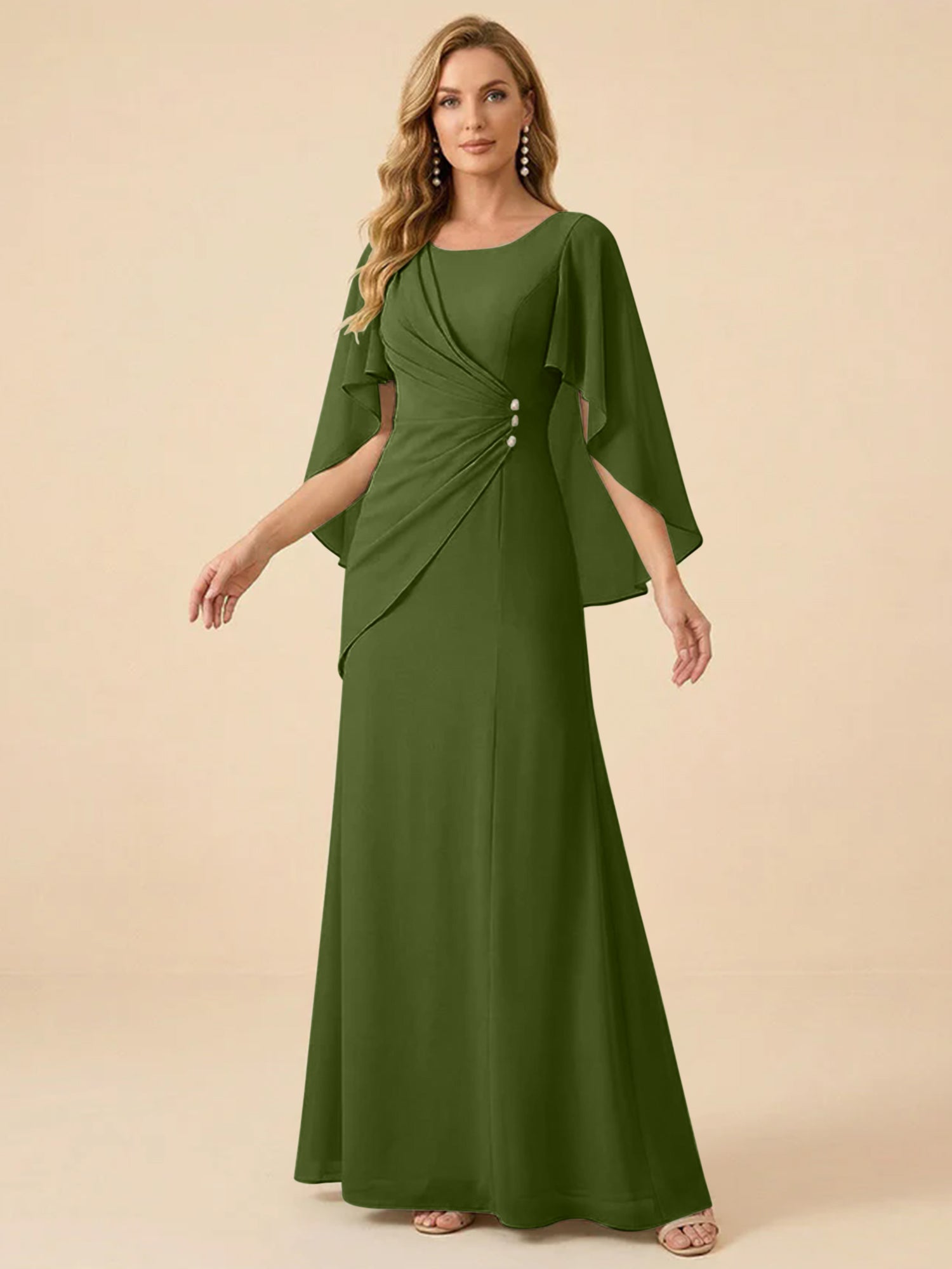 Sage Green Chiffon Beaded Mother of the Bride Dress with Cape Sleeves
