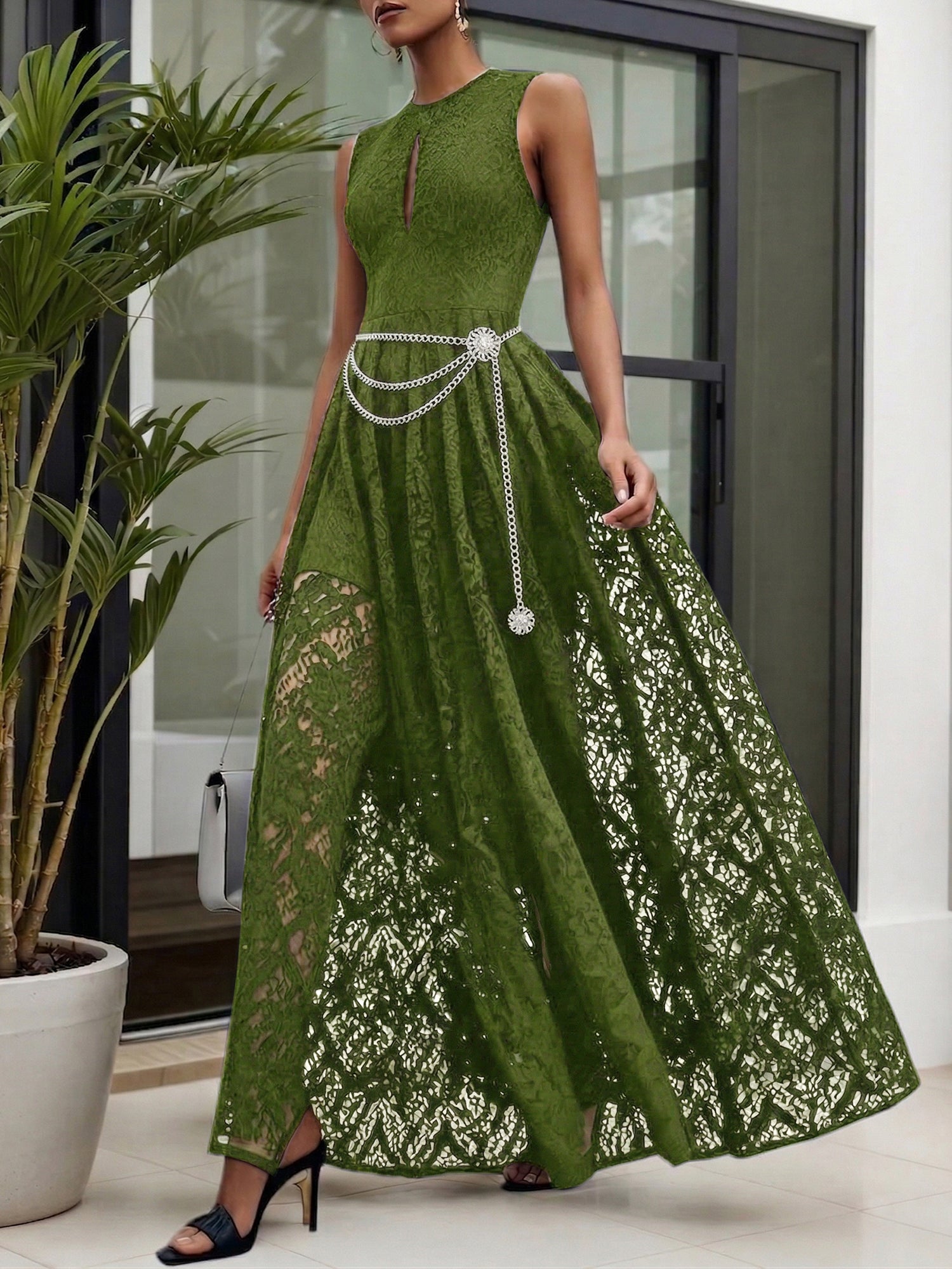 Midnight Black Lace Hollow Out Crew Neck Sleeveless A-Line Maxi Dress