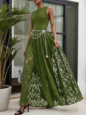 Midnight Black Lace Hollow Out Crew Neck Sleeveless A-Line Maxi Dress