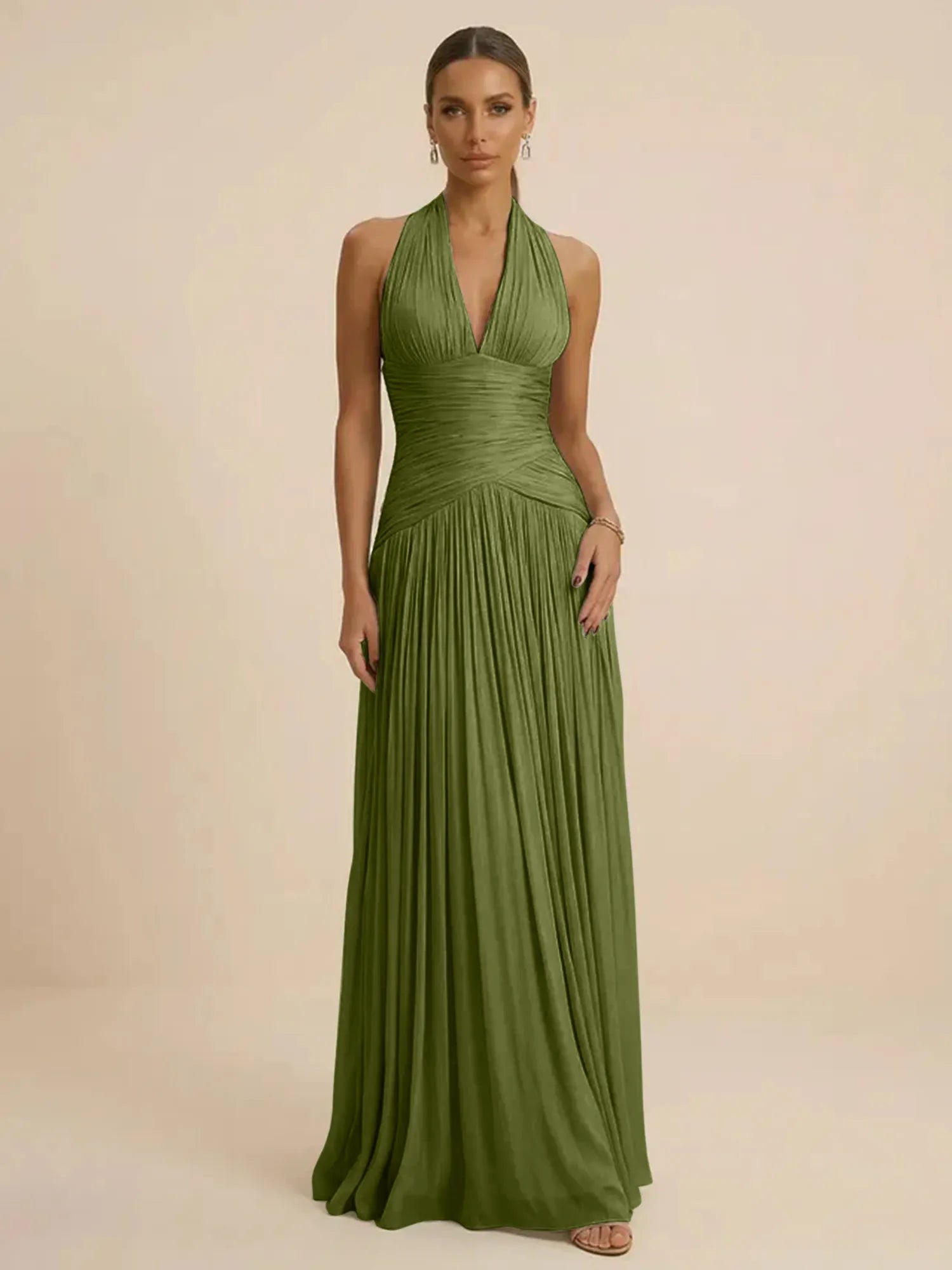 Sage Green Halter Neck Pleated Chiffon Evening Gown with Ruched