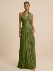Sage Green Halter Neck Pleated Chiffon Evening Gown with Ruched