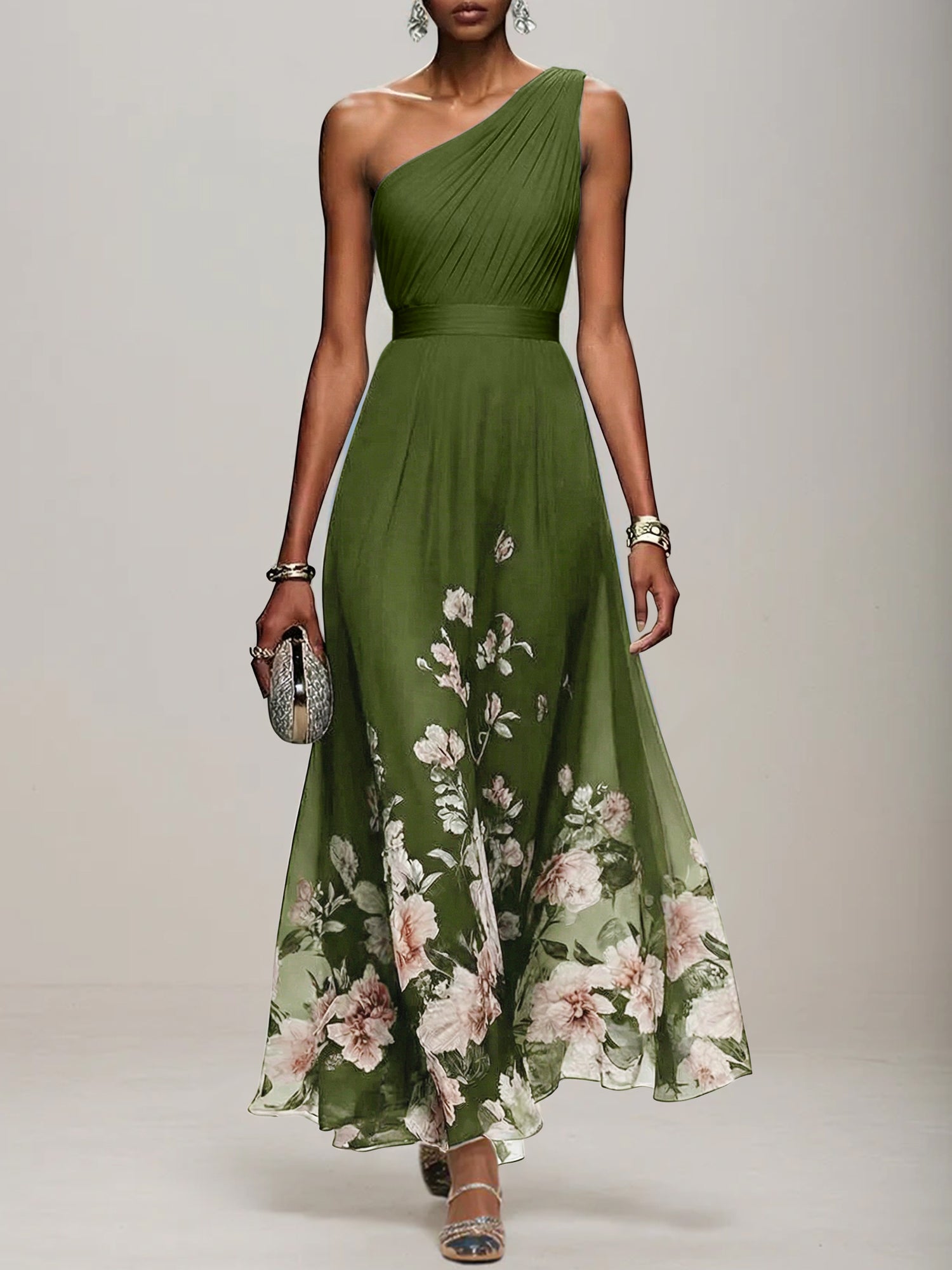 Light Blue Floral Chiffon One Shoulder Sleeveless A-Line Maxi Dress Gown