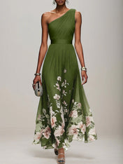 Light Blue Floral Chiffon One Shoulder Sleeveless A-Line Maxi Dress Gown