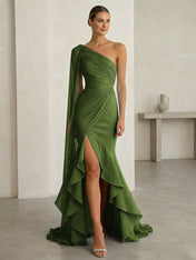 Glamorous Midnight Navy Formal Evening Dress One-Shoulder Ruched Cape Gown