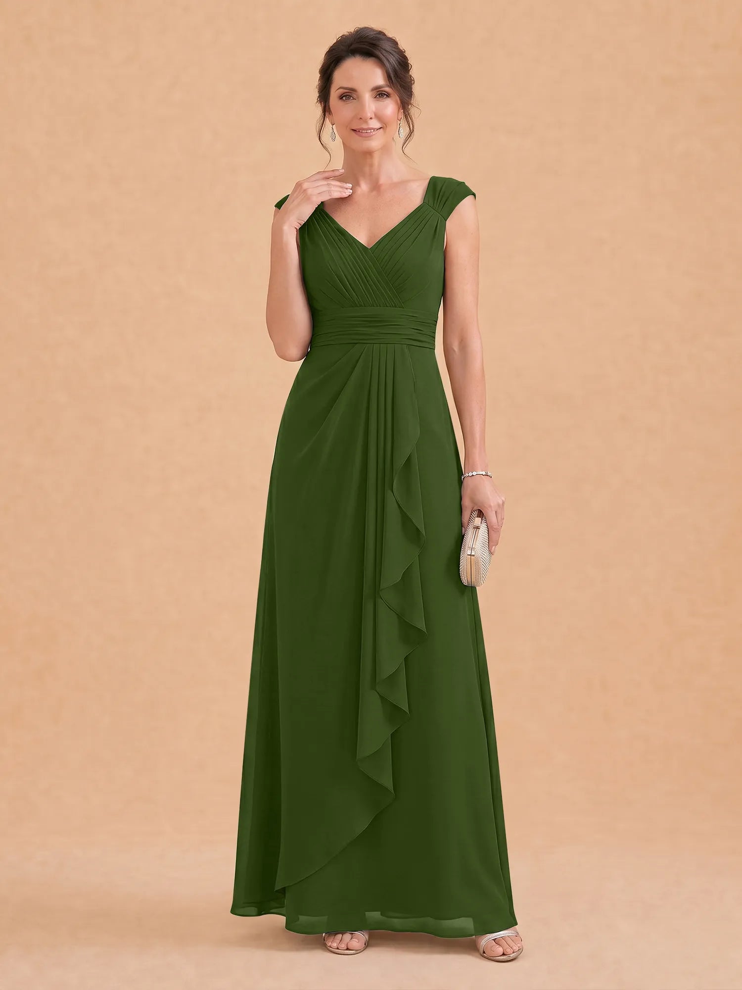 V-Neck Ruched Chiffon A-Line Mother of the Bride Dress with Cascading Ruffle