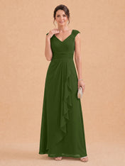 V-Neck Ruched Chiffon A-Line Mother of the Bride Dress with Cascading Ruffle