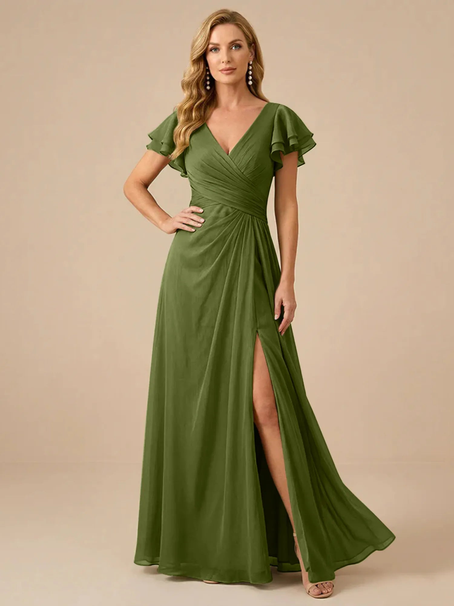 Sage Green V-Neck High-Slit Pleated Chiffon Dress