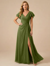 Sage Green V-Neck High-Slit Pleated Chiffon Dress