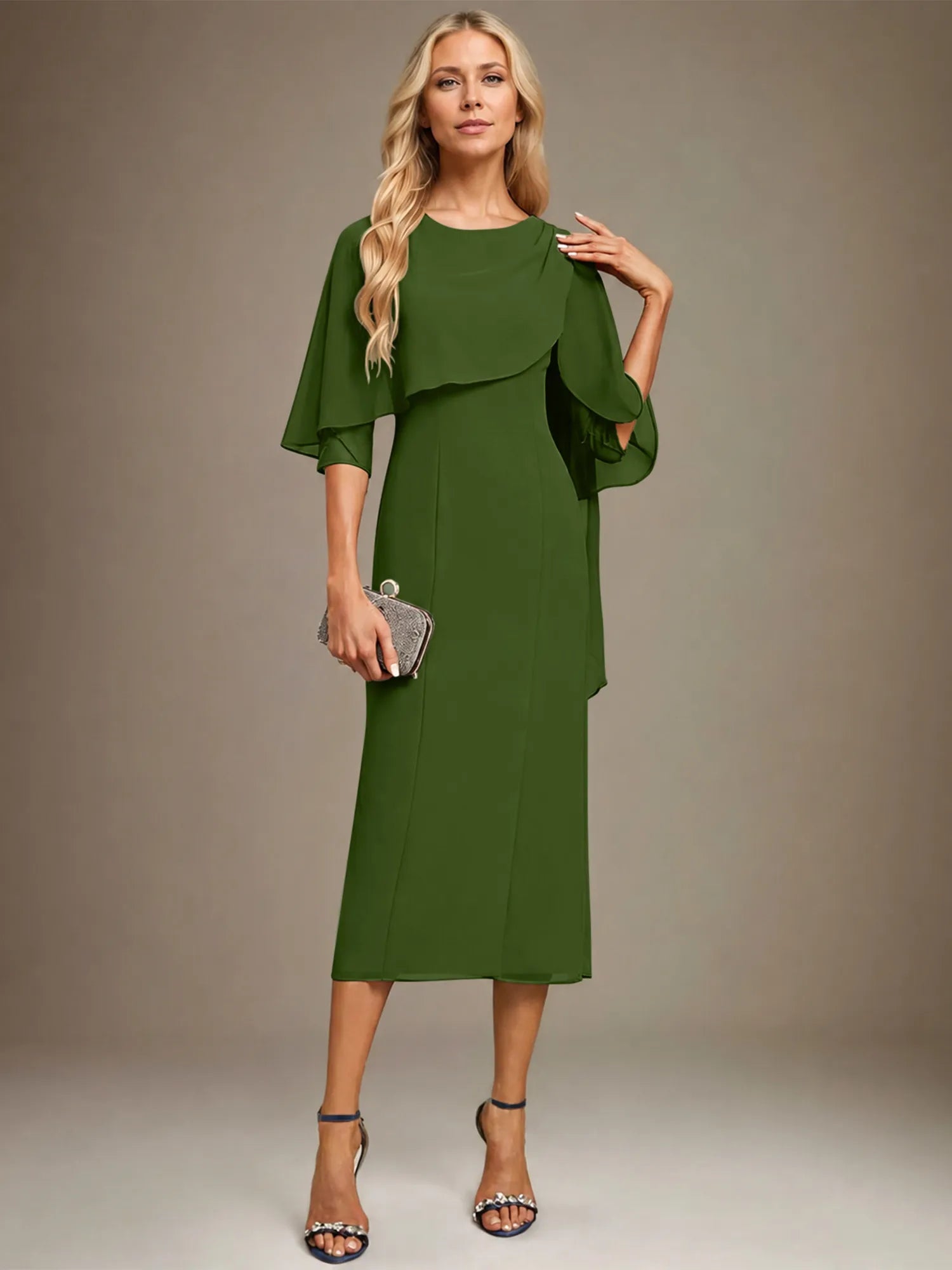Sheath/Column Scoop Tea Length Chiffon Dress With Pleated Beading