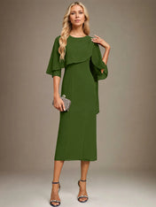 Sheath/Column Scoop Tea Length Chiffon Dress With Pleated Beading