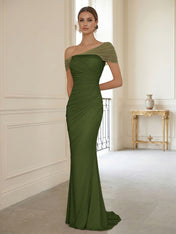 Sophisticated Blush Pink Asymmetrical Ruched Maxi Dress Evening Gown