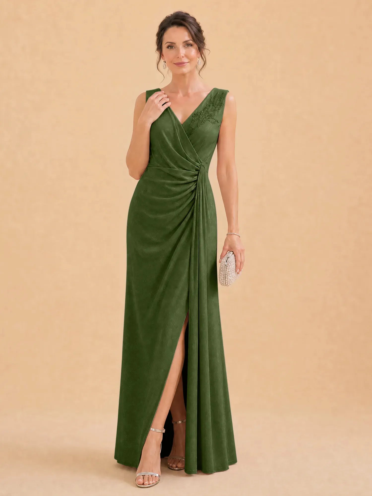 V-Neck Faux-Wrap Evening Gown with Side Draping Mother of The Bride Dresses