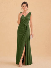 V-Neck Faux-Wrap Evening Gown with Side Draping Mother of The Bride Dresses