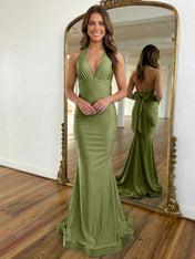 Light Blue Mermaid Halter Backless Long Prom Dress