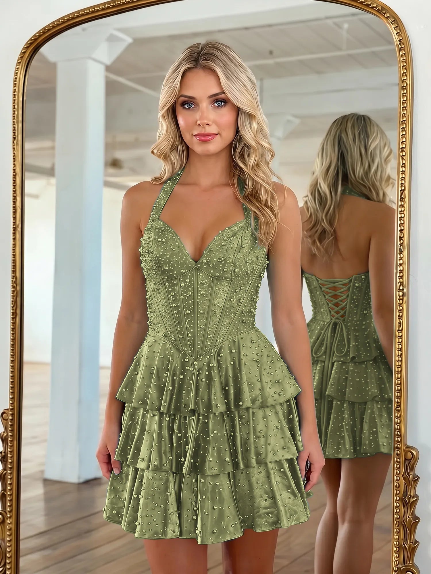 Halter Neck Pearl Beaded Tiered Short Homecoming Dresses