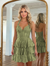 Halter Neck Pearl Beaded Tiered Short Homecoming Dresses