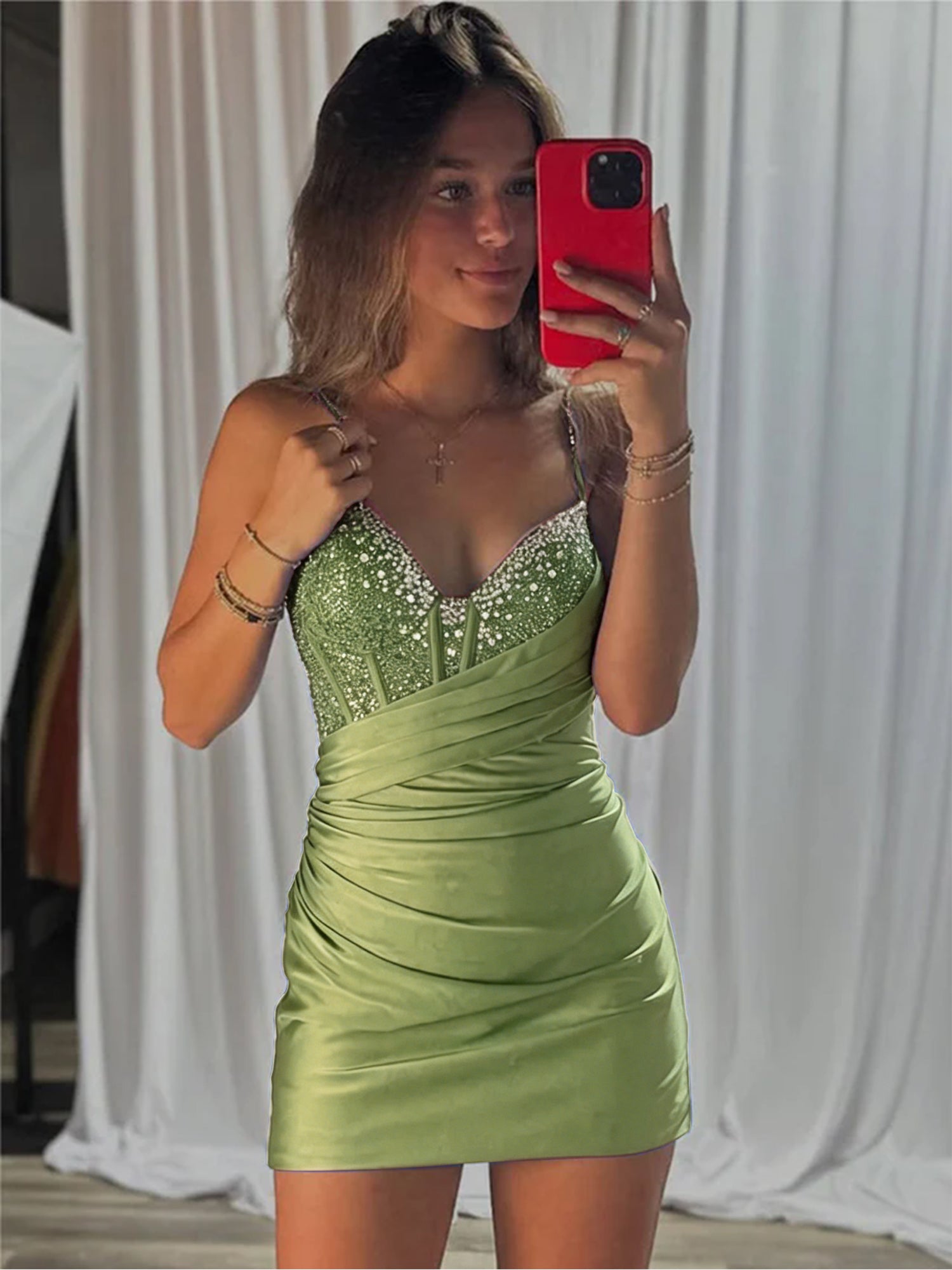 Beaded V Neck Corset Bodice Homecoming Dress