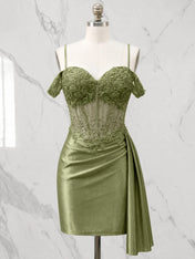 Sweetheart Sheer Corset Mini Dress with Cascading Side Drape Homecoming Dresses
