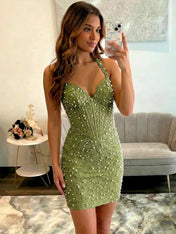 Glamorous Champagne Pearl Beaded Corset Short Homecoming Dress