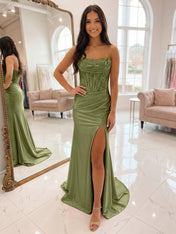 Romantic Pink Satin Corset Slit Prom Dress with Beaded Bodice