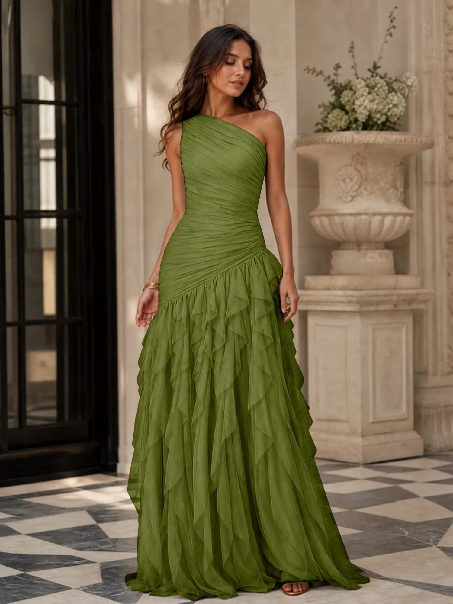 Emerald Green One-Shoulder Ruched Asymmetric Ruffle Chiffon Floor-Length Gown Dress