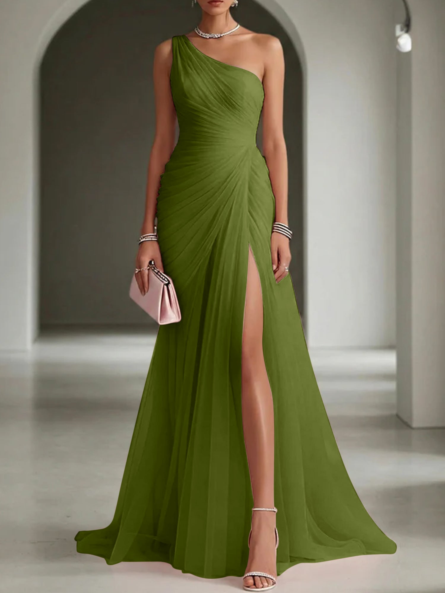Pink Ruched Slit Tulle Strapless One Shoulder Sheath Gown Dress