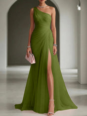 Pink Ruched Slit Tulle Strapless One Shoulder Sheath Gown Dress
