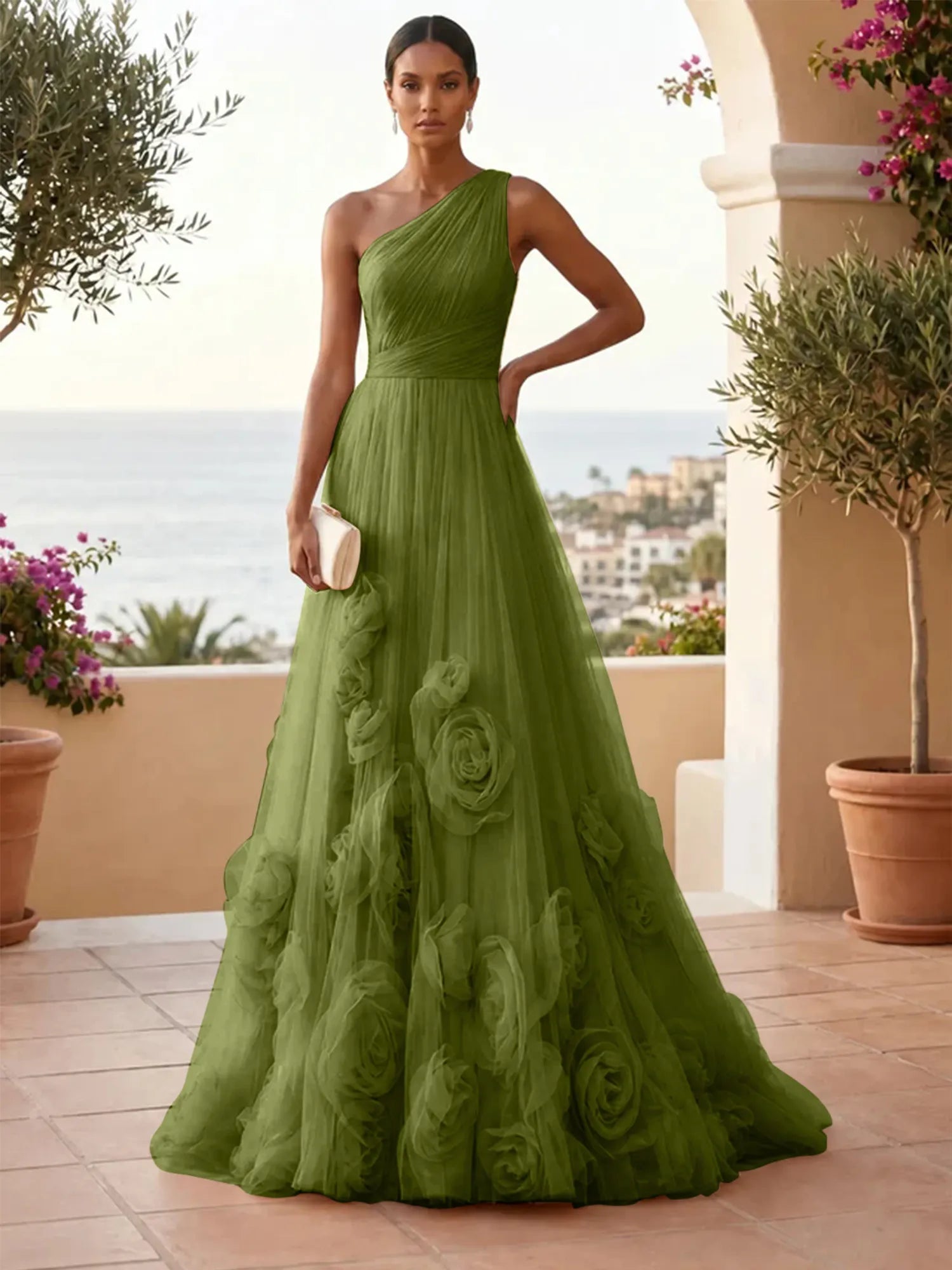 One-Shoulder Sweetheart Tulle Ball Gown with 3D Floral Accents Evening Dresses