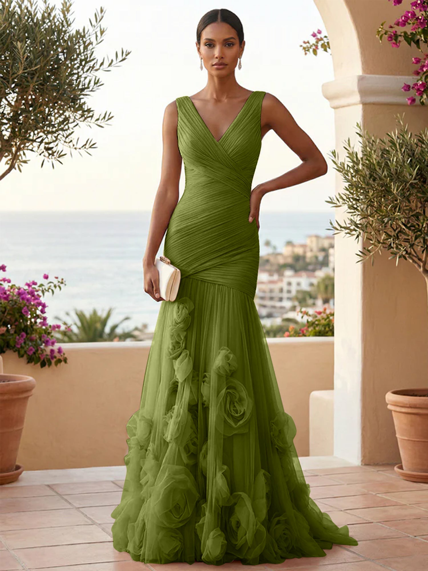 Sweetheart Tulle V Neck Pleat Mermaid Evening Dresses with 3D Flower