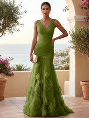 Sweetheart Tulle V Neck Pleat Mermaid Evening Dresses with 3D Flower