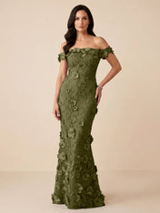 Black Off-the-Shoulder 3D Floral Mermaid Formal Gown Evening Dress