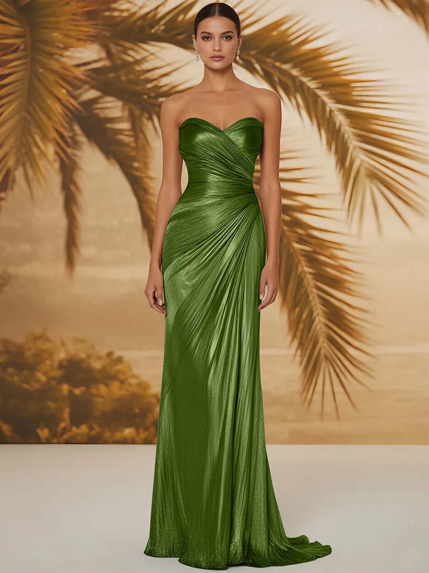 Evening Formal Dress V Neck Silk Ruffles Strapless Maxi Dress