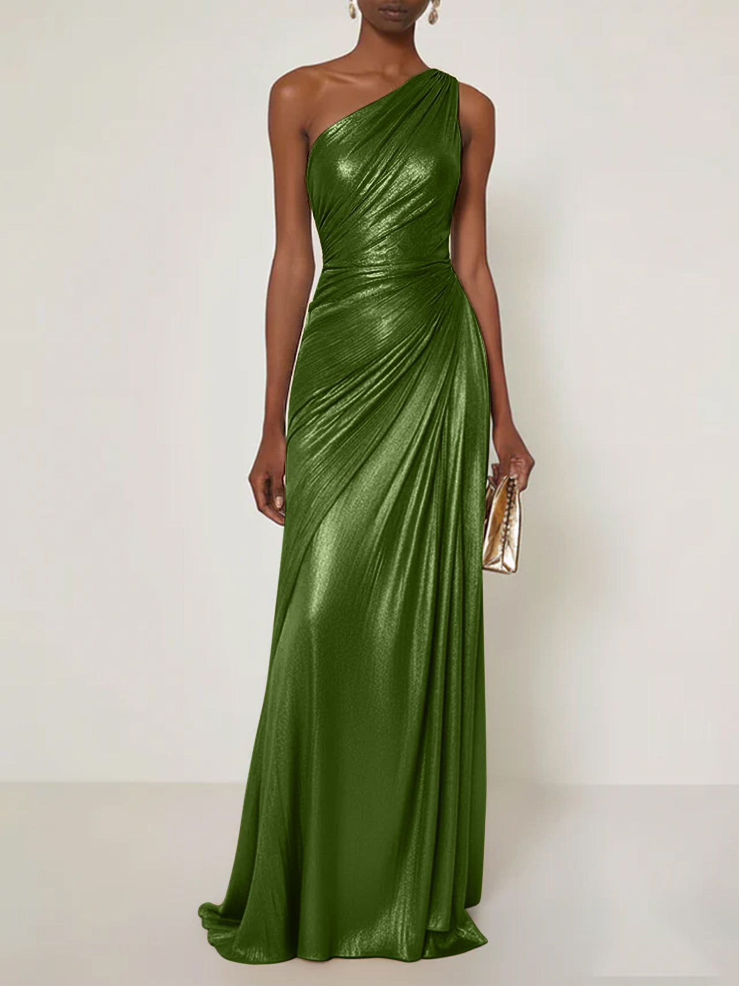 Evening Formal Dress One Shoulder Silk Ruffles Maxi Dress