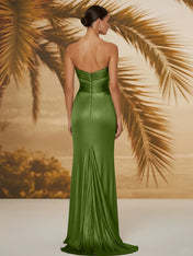 Evening Formal Dress V Neck Silk Ruffles Strapless Maxi Dress
