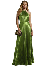 Luxurious Champagne-Gold Pleated Halter Long Prom Dress