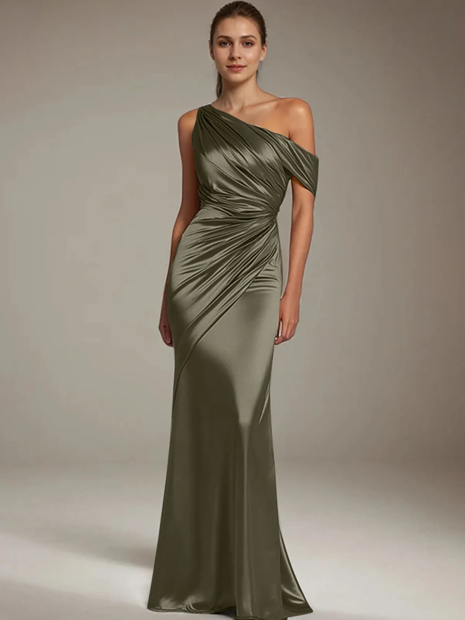 Formal Party Satin Dress Silver One-Shoulder Pleated  Floor-Length Dress