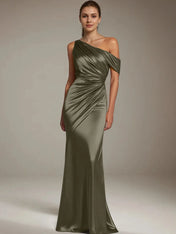 Formal Party Satin Dress Silver One-Shoulder Pleated  Floor-Length Dress