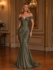 Burgundy Off-The-Shoulder Ruched Mermaid Floor-Length Gown Dress