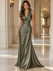 Elegant and Luxurious Cowl-neck Champagne Gold Satin Maxi Dress