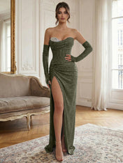 Blue Beaded Corset Long Prom Dress with Matching Gloves