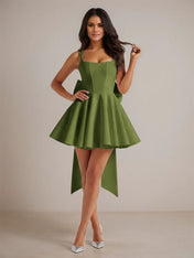 A-Line Square Neck Pleated Mini Homecoming Dress with Bow