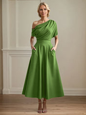 A Line Satin One Shoulder Pleated Ankle Length Mother of the Bride Dress