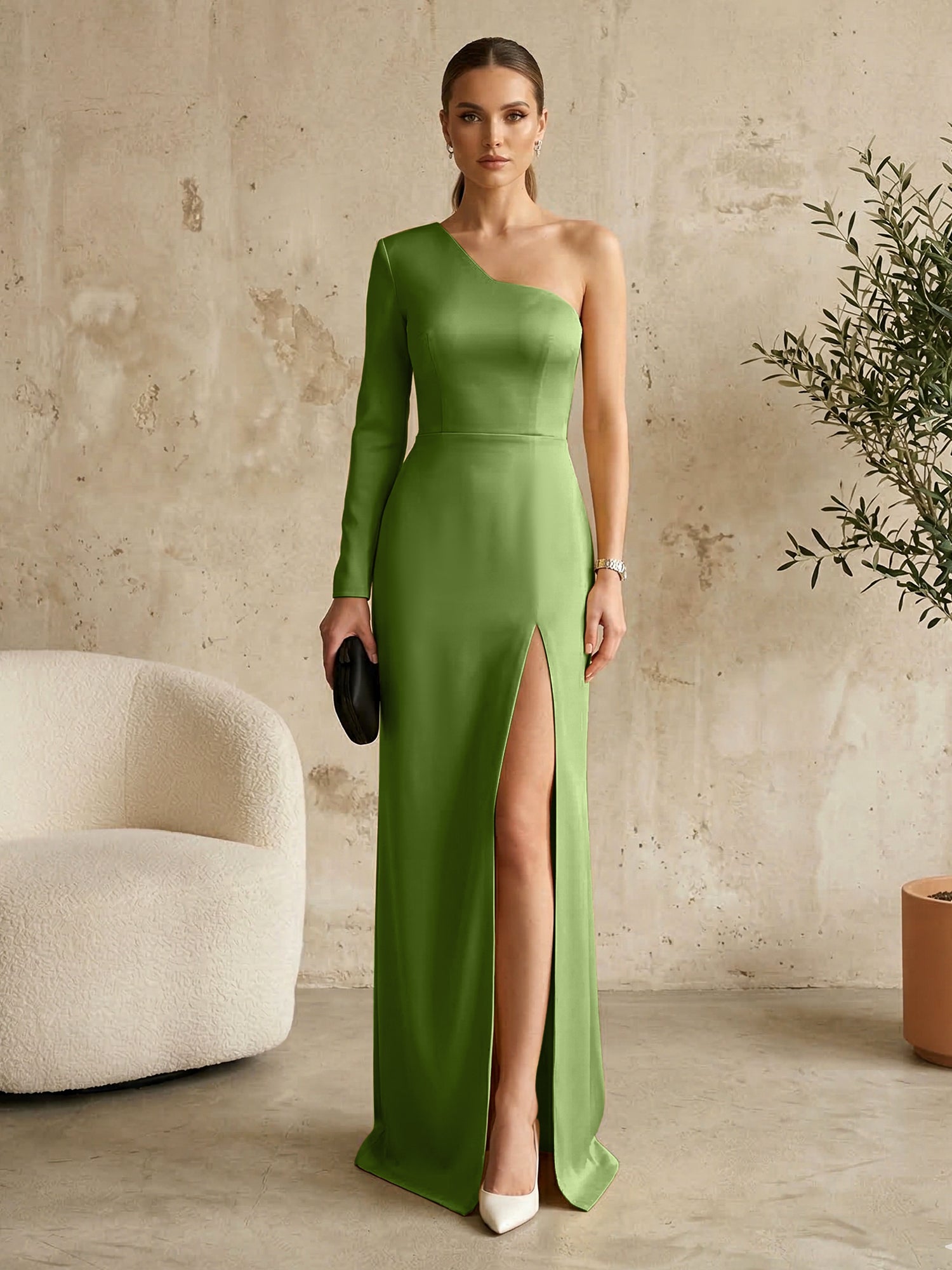 Long Sleeves Black One Shoulder Formal Dress Evening Gown