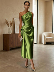 Champagne Ruched Satin One Shoulder Sleeveless Sheath Midi Dress