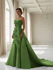 Pink A Line Satin Strapless Prom Dress with 3D Floral Appliques